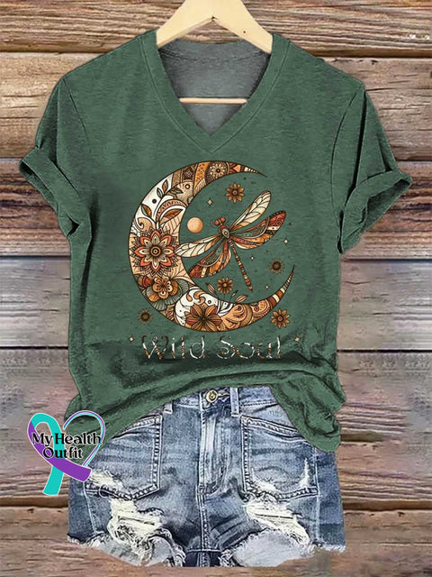 Women’s Wild Soul Dragonfly V-neck Casual T-Shirt Green / S