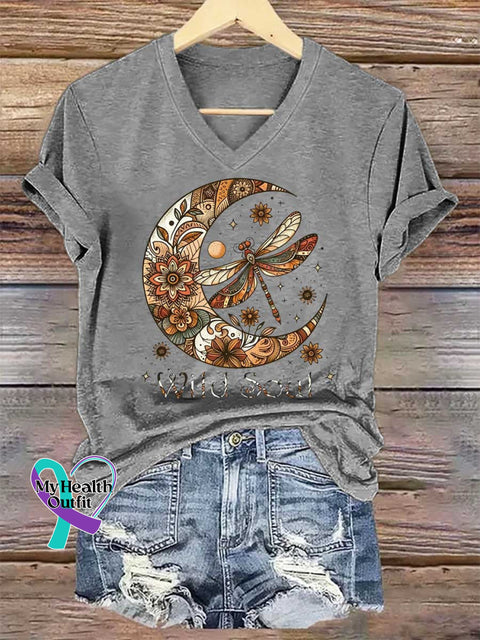 Women’s Wild Soul Dragonfly V-neck Casual T-Shirt Grey / S