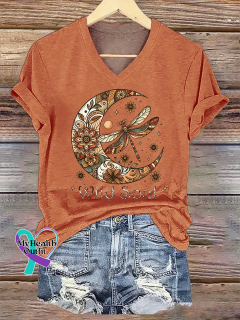 Women’s Wild Soul Dragonfly V-neck Casual T-Shirt Orange / S