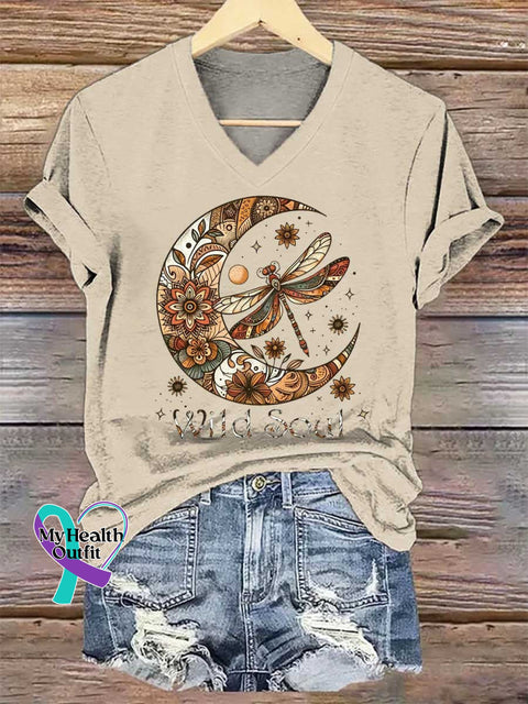 Women’s Wild Soul Dragonfly V-neck Casual T-Shirt Sand / S