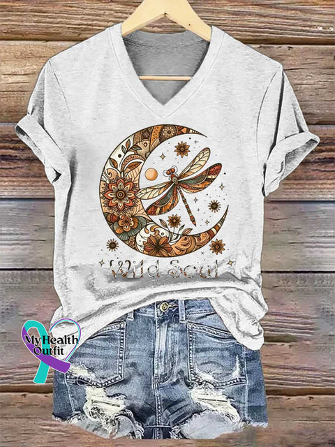 Women’s Wild Soul Dragonfly V-neck Casual T-Shirt White / S
