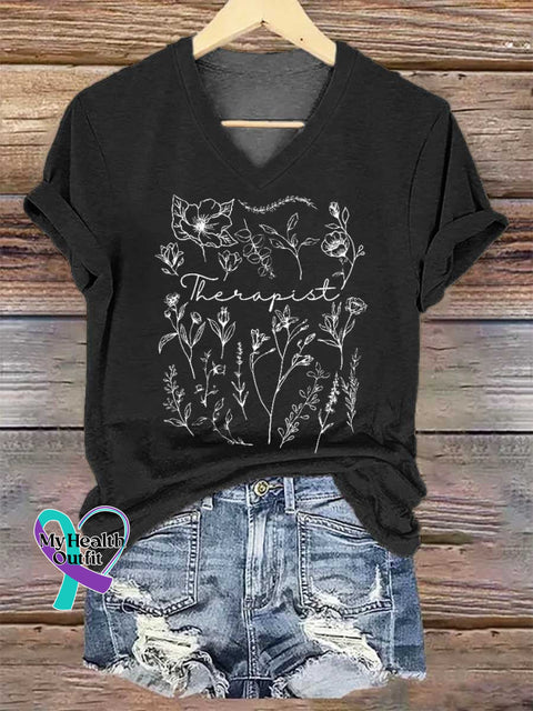 Women’s Wildflower Therapist Mental Health Awareness V-neck Casual T-Shirt Black / S