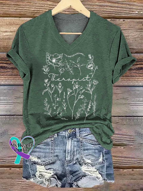 Women’s Wildflower Therapist Mental Health Awareness V-neck Casual T-Shirt Green / S