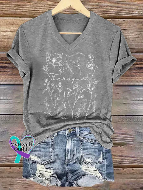 Women’s Wildflower Therapist Mental Health Awareness V-neck Casual T-Shirt Grey / S