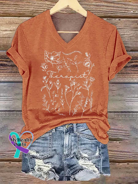 Women’s Wildflower Therapist Mental Health Awareness V-neck Casual T-Shirt Orange / S