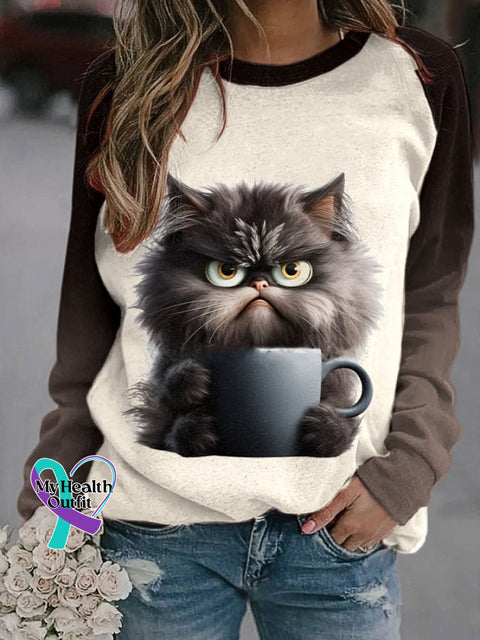 Women’s Winter Funny Cute Wonderland Clothing Clipart Cat Coffee Printed Sweatshirt Black / S