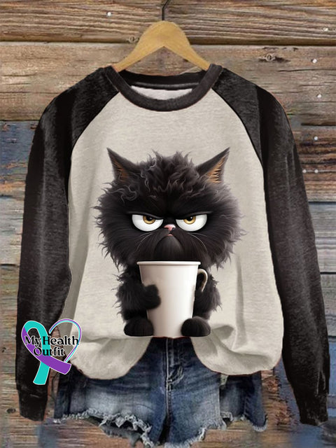 Women’s Winter Funny Cute Wonderland Clothing Clipart Cat Coffee Printed Sweatshirt Black / S