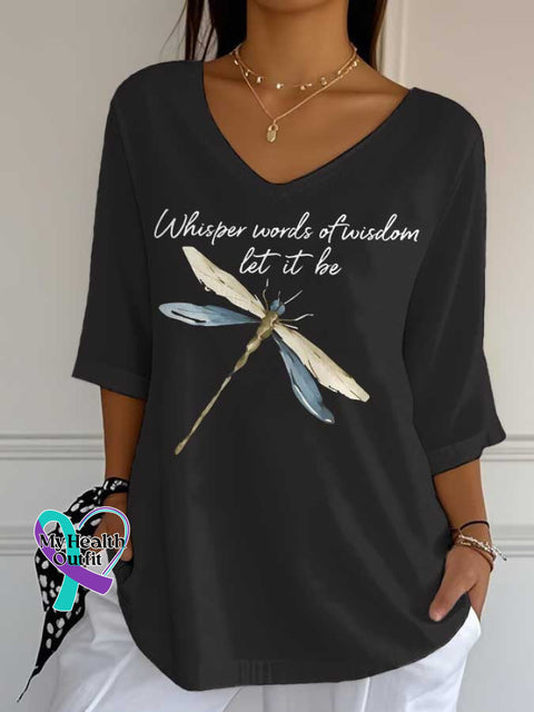 Women’s Words of Wisdom Let It Be Dragonfly Print Casual Cotton V-neck Shirt Black / S