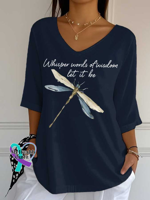 Women’s Words of Wisdom Let It Be Dragonfly Print Casual Cotton V-neck Shirt Blue / S
