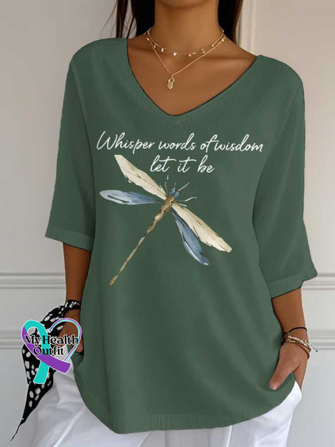 Women’s Words of Wisdom Let It Be Dragonfly Print Casual Cotton V-neck Shirt Green / S