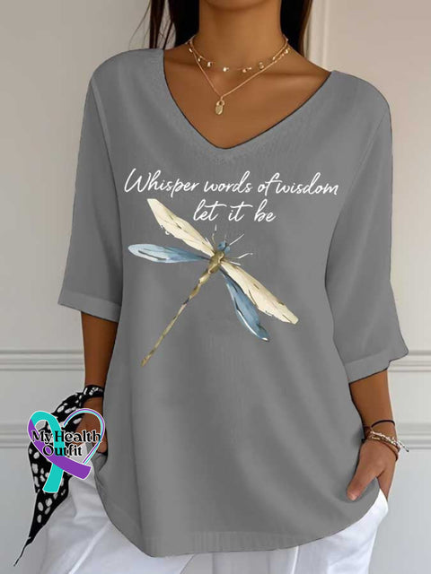 Women’s Words of Wisdom Let It Be Dragonfly Print Casual Cotton V-neck Shirt Grey / S