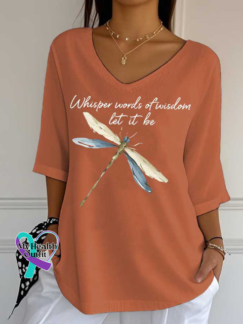 Women’s Words of Wisdom Let It Be Dragonfly Print Casual Cotton V-neck Shirt Orange / S