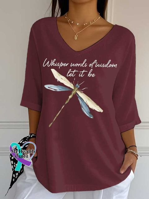 Women’s Words of Wisdom Let It Be Dragonfly Print Casual Cotton V-neck Shirt Red / S