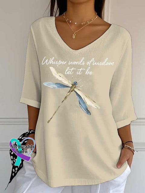 Women’s Words of Wisdom Let It Be Dragonfly Print Casual Cotton V-neck Shirt Sand / S
