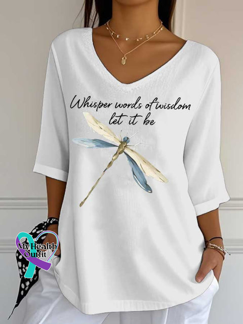 Women’s Words of Wisdom Let It Be Dragonfly Print Casual Cotton V-neck Shirt White / S