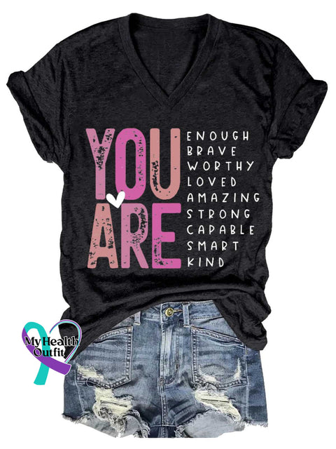 Women’s YOU ARE ENOUGH BRAVE WORTHY LOVED AMAZING STRONG CAPABLE SMART KIND V-neck Casual T-Shirt Black / S