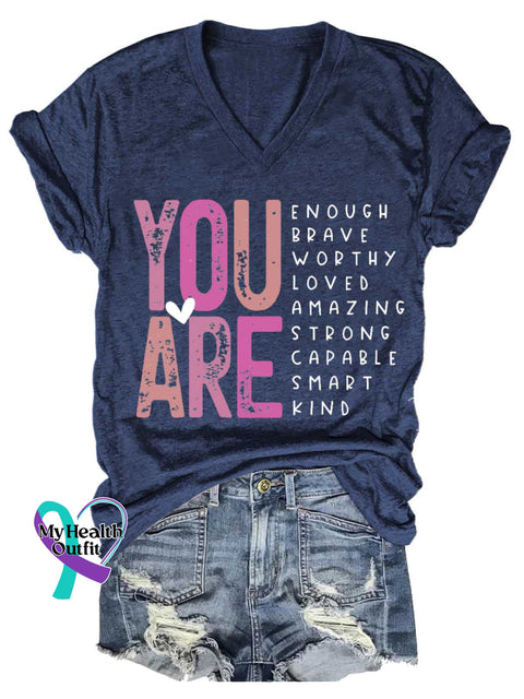 Women’s YOU ARE ENOUGH BRAVE WORTHY LOVED AMAZING STRONG CAPABLE SMART KIND V-neck Casual T-Shirt Blue / S