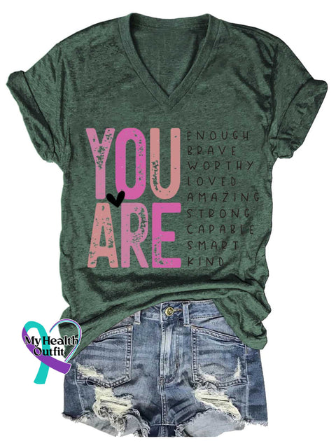 Women’s YOU ARE ENOUGH BRAVE WORTHY LOVED AMAZING STRONG CAPABLE SMART KIND V-neck Casual T-Shirt Green / S