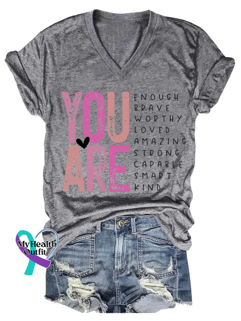 Women’s YOU ARE ENOUGH BRAVE WORTHY LOVED AMAZING STRONG CAPABLE SMART KIND V-neck Casual T-Shirt Grey / S