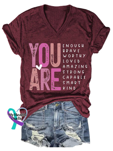 Women’s YOU ARE ENOUGH BRAVE WORTHY LOVED AMAZING STRONG CAPABLE SMART KIND V-neck Casual T-Shirt Red / S