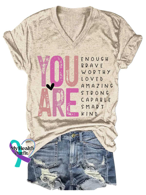 Women’s YOU ARE ENOUGH BRAVE WORTHY LOVED AMAZING STRONG CAPABLE SMART KIND V-neck Casual T-Shirt Sand / S