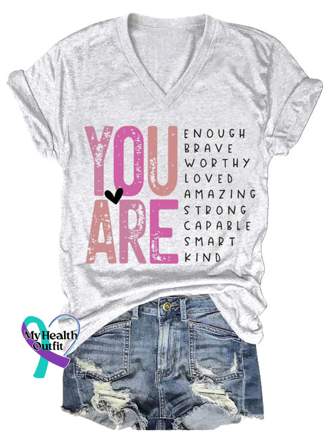 Women’s YOU ARE ENOUGH BRAVE WORTHY LOVED AMAZING STRONG CAPABLE SMART KIND V-neck Casual T-Shirt White / S