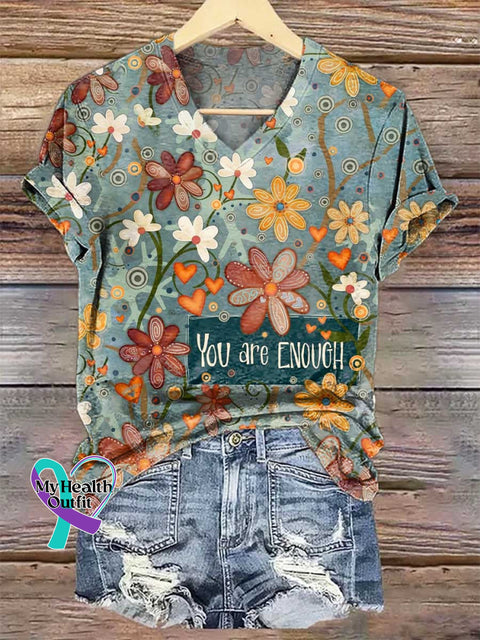 Women’s You Are ENOUGH Floral V-neck Casual T-Shirt Multicolor / S