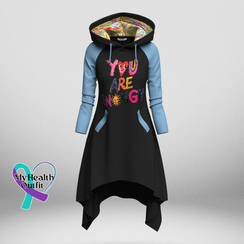 Women’s You Are Enough Mental Health Raglan Sleeve Hooded Knit Dress With Pockets Black / S