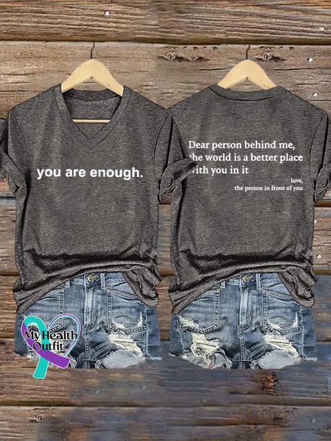 Women’s You Are Enough Print V Neck T-shirt Dark Grey / S