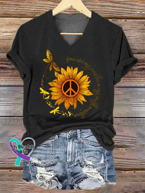 Women’s You Are My Sunshine My Only Sunshine Peace Sign Dragonfly Flower V-neck Casual T-Shirt Black / S