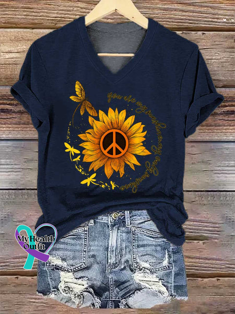 Women’s You Are My Sunshine My Only Sunshine Peace Sign Dragonfly Flower V-neck Casual T-Shirt Blue / S