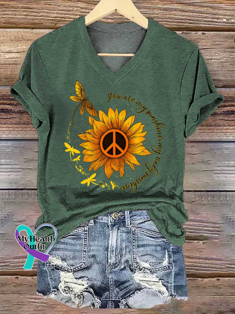 Women’s You Are My Sunshine My Only Sunshine Peace Sign Dragonfly Flower V-neck Casual T-Shirt Green / S