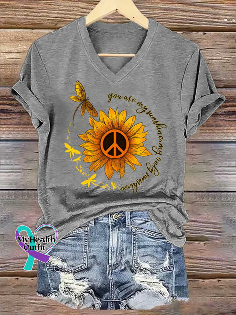 Women’s You Are My Sunshine My Only Sunshine Peace Sign Dragonfly Flower V-neck Casual T-Shirt Grey / S