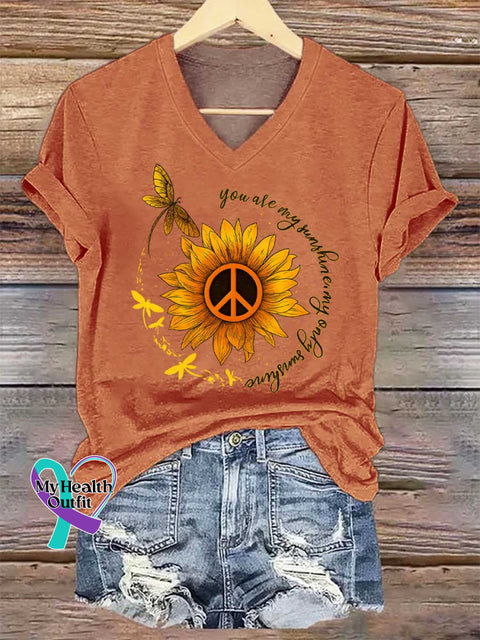 Women’s You Are My Sunshine My Only Sunshine Peace Sign Dragonfly Flower V-neck Casual T-Shirt Orange / S