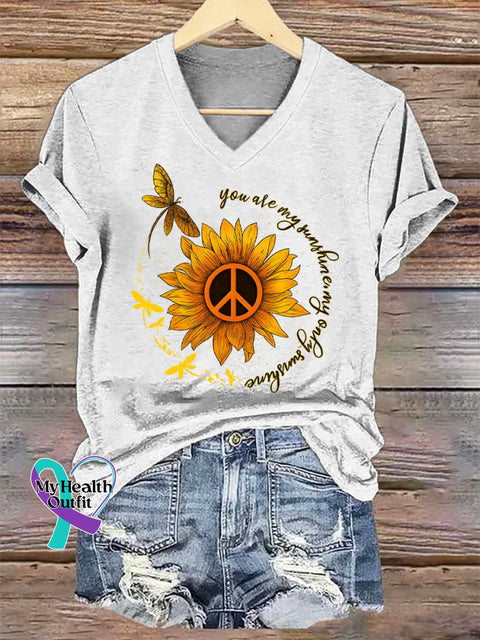 Women’s You Are My Sunshine My Only Sunshine Peace Sign Dragonfly Flower V-neck Casual T-Shirt White / S