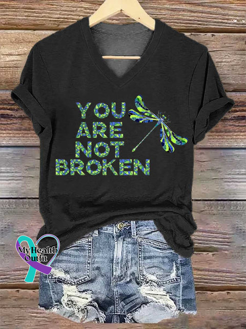 Women’s YOU ARE NOT BROKEN Dragonfly V-neck Casual T-Shirt Black / S