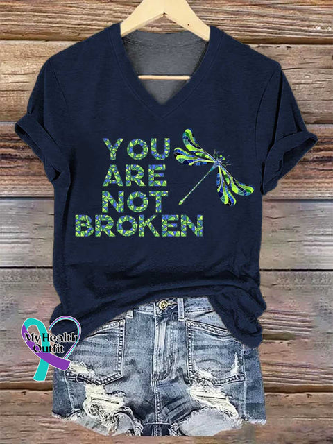 Women’s YOU ARE NOT BROKEN Dragonfly V-neck Casual T-Shirt Blue / S