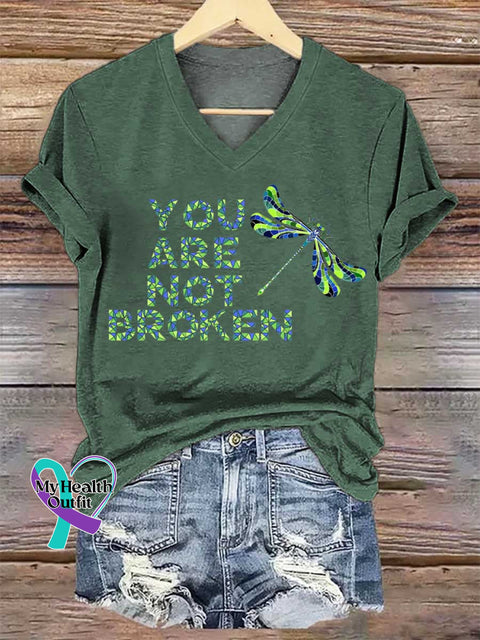 Women’s YOU ARE NOT BROKEN Dragonfly V-neck Casual T-Shirt Green / S