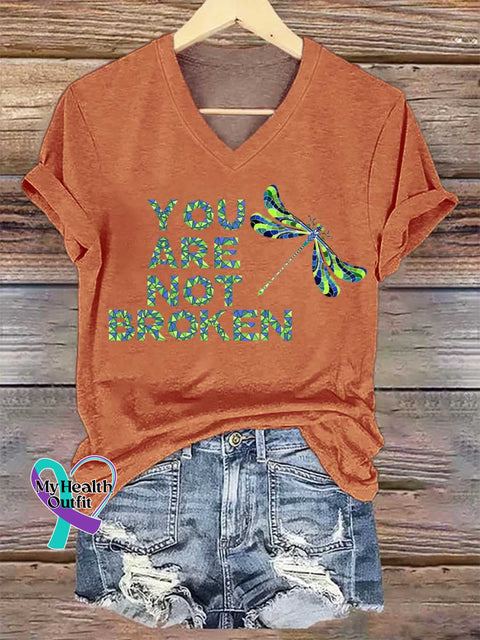 Women’s YOU ARE NOT BROKEN Dragonfly V-neck Casual T-Shirt Orange / S