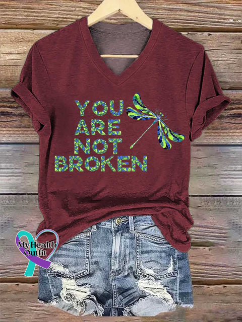 Women’s YOU ARE NOT BROKEN Dragonfly V-neck Casual T-Shirt Red / S