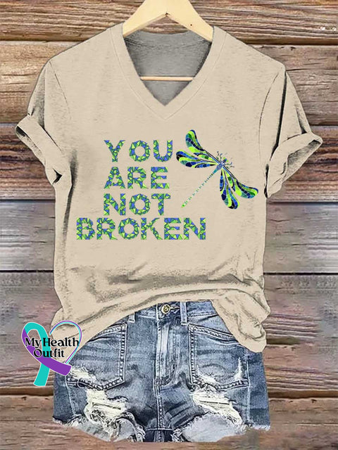 Women’s YOU ARE NOT BROKEN Dragonfly V-neck Casual T-Shirt Sand / S