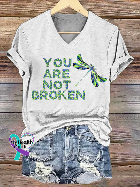 Women’s YOU ARE NOT BROKEN Dragonfly V-neck Casual T-Shirt White / S