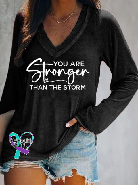 Women’s You Are Stronger Than The Storm Print Casual Long Sleeve T-Shirt Black / S