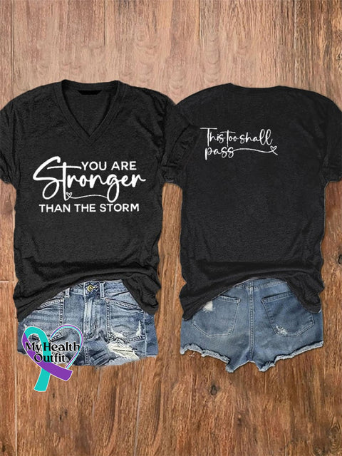 Women’s You Are Stronger Than The Storm Print V-Neck T-Shirt Black / S
