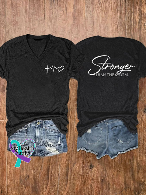 Women’s You Are Stronger Than The Storm Print V-Neck T-Shirt Black / S