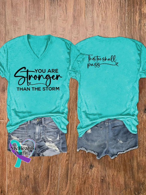 Women’s You Are Stronger Than The Storm Print V-Neck T-Shirt Blue-Green / S