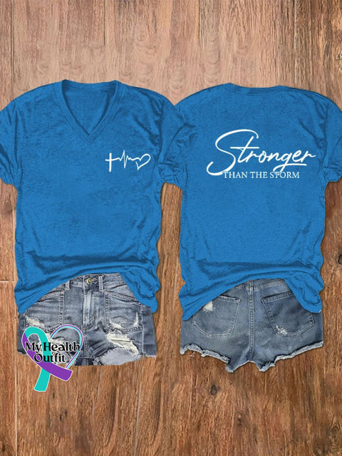 Women’s You Are Stronger Than The Storm Print V-Neck T-Shirt Blue / S