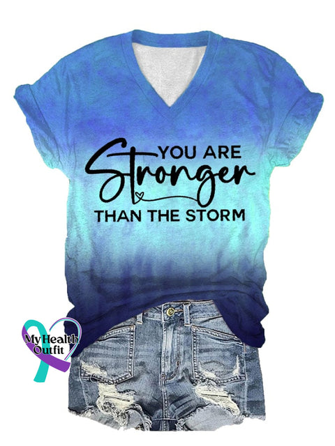Women’s You Are Stronger Than The Storm Print V-Neck T-Shirt Blue / S