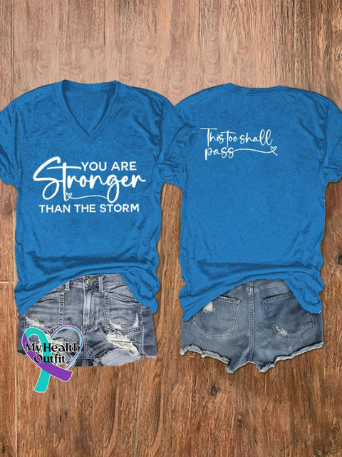 Women’s You Are Stronger Than The Storm Print V-Neck T-Shirt Blue / S
