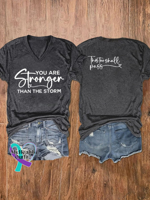 Women’s You Are Stronger Than The Storm Print V-Neck T-Shirt Dark Grey / S